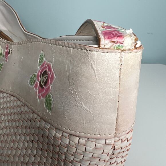 Cee Klein Purse Ivory Leather Basketweave Shoulder Bag Embossed Pink Roses - Picture 5 of 13
